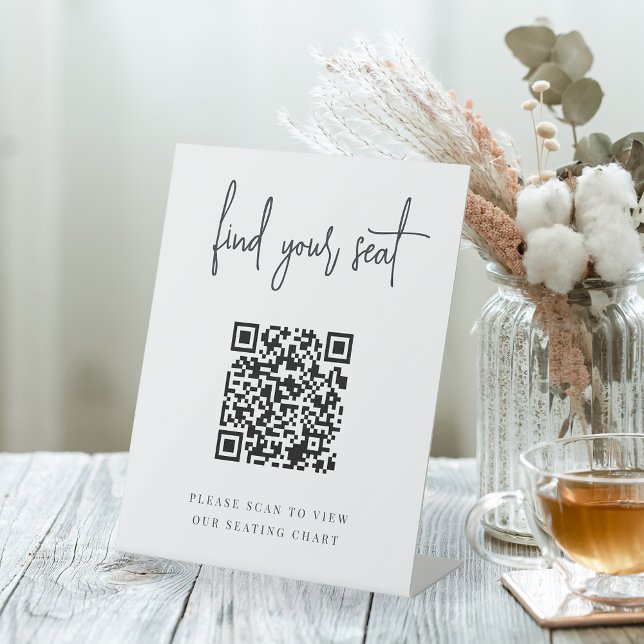 Black | Handwritten Script QR Code Wedding Seating Pedestal Sign (Creator Uploaded)