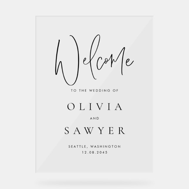 Black Handwritting Script Wedding Welcome Acrylic Sign (Front)