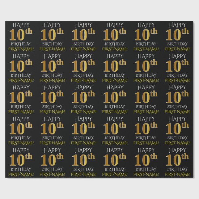 Black, "HAPPY 10th BIRTHDAY" Wrapping Paper (Flat)