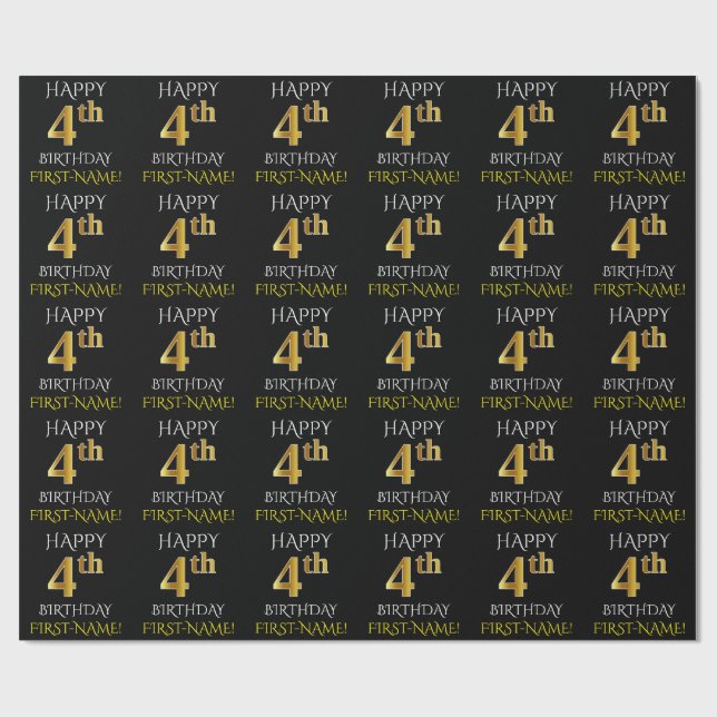 Black, "HAPPY 4th BIRTHDAY" Wrapping Paper (Flat)
