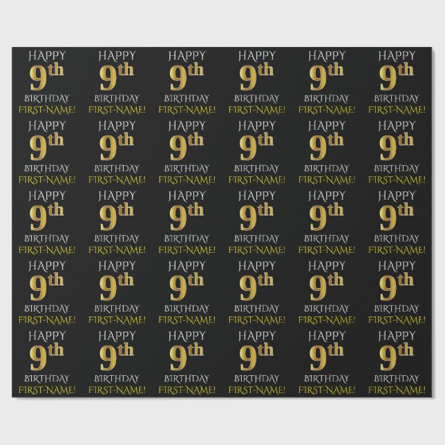 Black, "HAPPY 9th BIRTHDAY" Wrapping Paper (Flat)