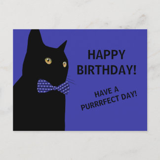 Black Happy Birthday Cat with a Blue Bow Tie Postcard