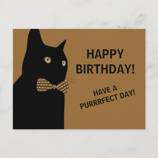 Black Happy Birthday Cat with a Brown Bow Tie Postcard