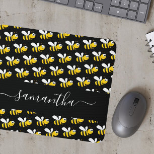 Black happy bumble bees fun humour monogram script mouse mat