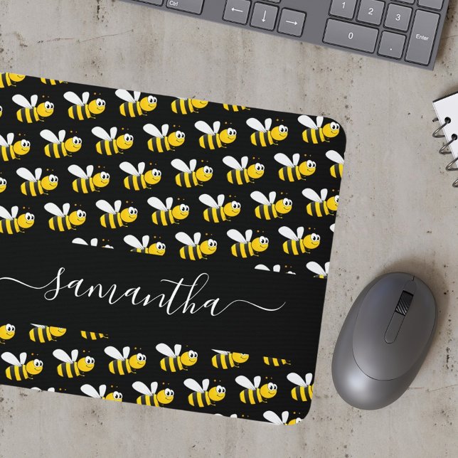 Black happy bumble bees fun humour monogram script mouse mat (Creator Uploaded)