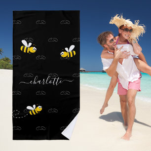 Black happy bumble bees summer fun humour monogram beach towel