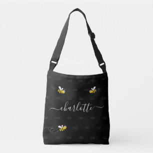 Black happy bumble bees summer fun humour monogram crossbody bag