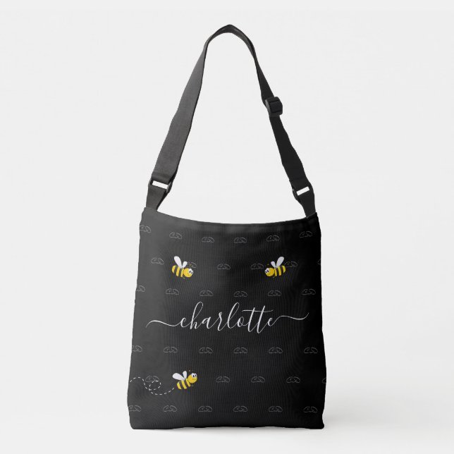 Black happy bumble bees summer fun humour monogram crossbody bag (Front)