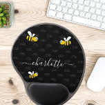Black happy bumble bees summer fun humour monogram gel mouse mat<br><div class="desc">Decorated with happy, smiling yellow and black bumble bees. A chic black background. Personalise and add a name and your monogram, initials. The monogram in grey as a pattern in the background. The name is written in white with a modern hand lettered stylie script with swashes. To keep the swashes...</div>