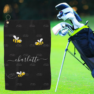 Black happy bumble bees summer fun humour monogram golf towel