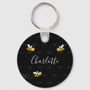 Black happy bumble bees summer fun humour monogram key ring