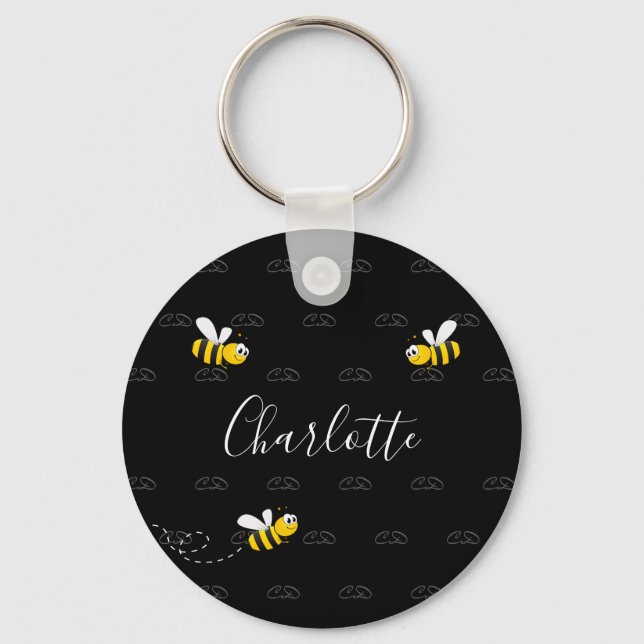 Black happy bumble bees summer fun humour monogram key ring (Front)