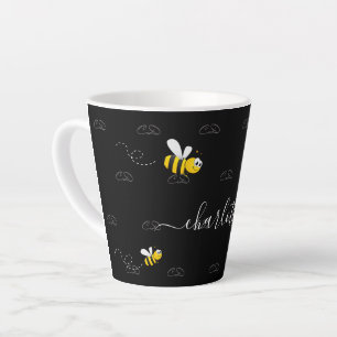 Black happy bumble bees summer fun humour monogram latte mug