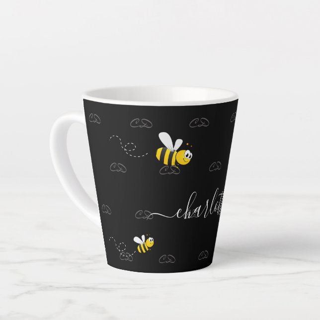 Black happy bumble bees summer fun humour monogram latte mug (Left Angle)