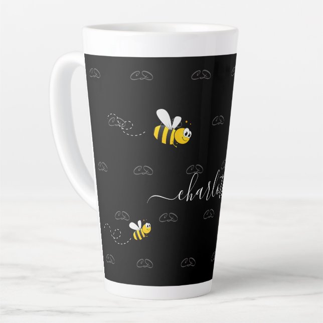 Black happy bumble bees summer fun humour monogram latte mug (Left Angle)