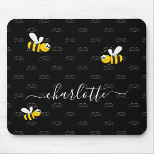 Black happy bumble bees summer fun humour monogram mouse mat