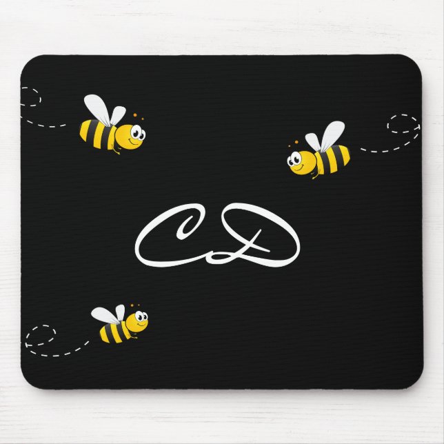 Black happy bumble bees summer fun humour monogram mouse mat (Front)