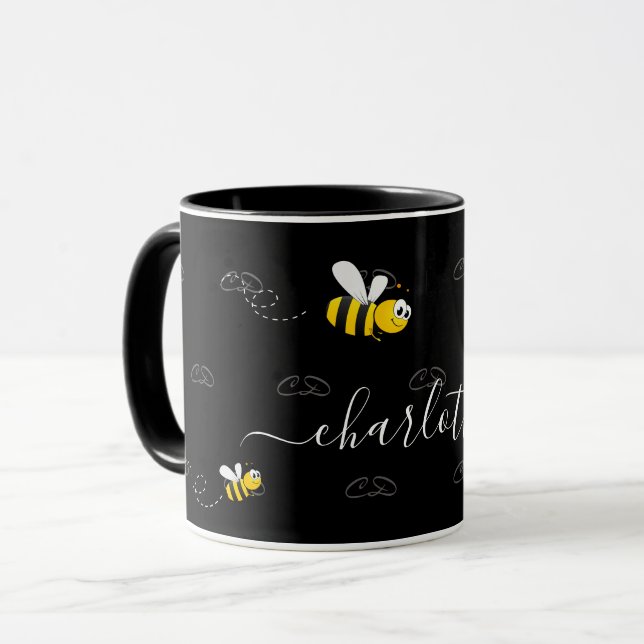 Black happy bumble bees summer fun humour monogram mug (Front Left)