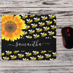 Black happy bumble bees sunflower monogram script mouse mat<br><div class="desc">Decorated with happy, smiling yellow and black bumble bees and a large watercolored sunflower. A chic black background. Personalise and add a name. The name is written with a modern hand lettered stylie script with swashes. To keep the swashes only delete the sample name, leave the spaces or emoji's in...</div>