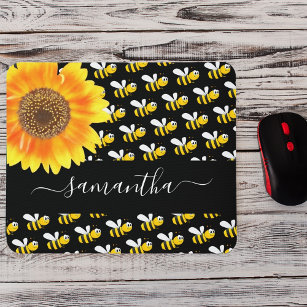 Black happy bumble bees sunflower monogram script mouse mat