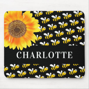 Black happy bumble bees sunflower name mouse mat
