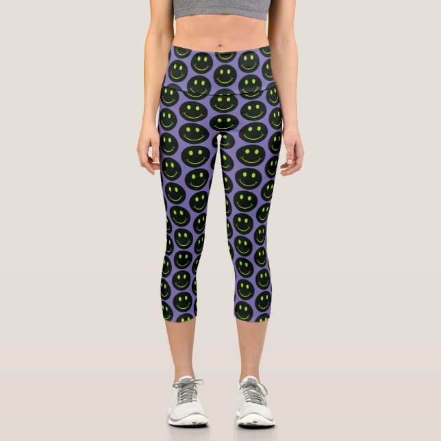 Black Happy Face Capri Leggings (Front)