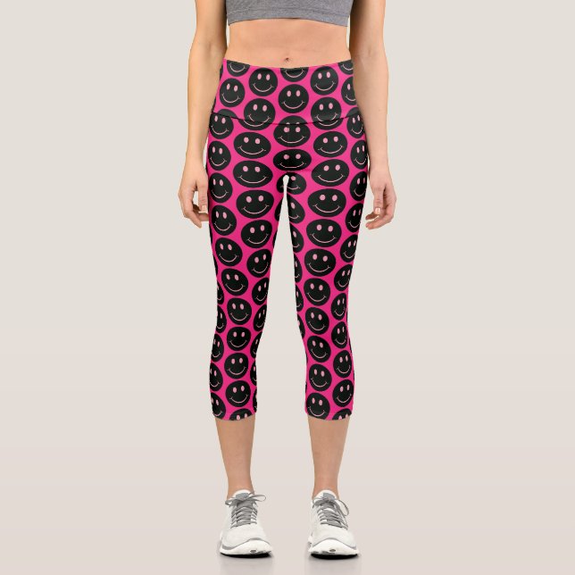 Black Happy Face Capri Leggings (Front)
