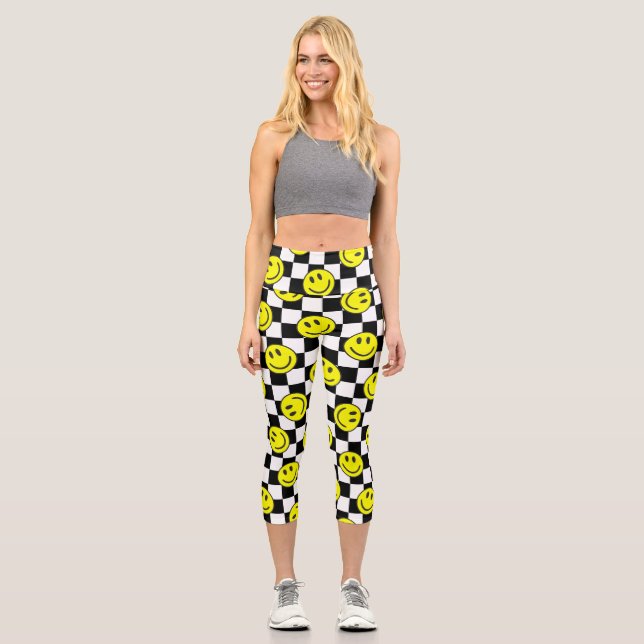 black happy face check groovy capri leggings (Front)