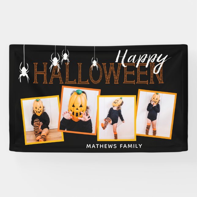 Black Happy Halloween 4 Photo Collage Spiders Banner (Horizontal)