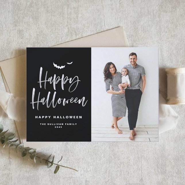 Black Happy Halloween Brush Lettering Photo Holiday Card (Modern photo Halloween card featuring white brush lettering on a solid black background. )