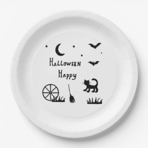 Black Happy Halloween horror spooky      Paper Plate