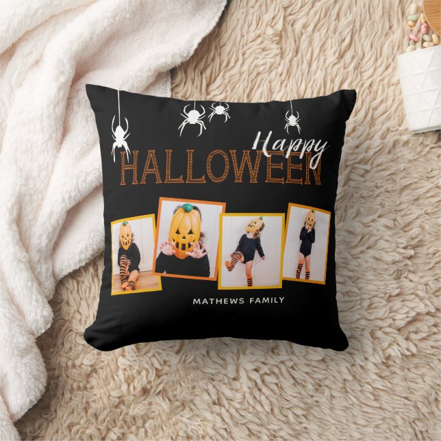Black Happy Halloween Photo Collage Spiders Cushion (Blanket)