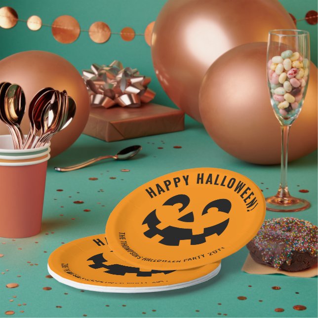 Black Happy Halloween Pumpkin Face Shape On Orange Paper Plate (Multi)