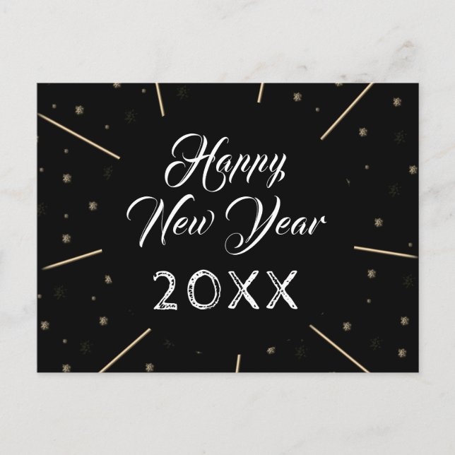 Black Happy New Year 2023 Script Star pattern Holiday Postcard (Front)