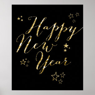 Black Happy New Year Gold Foil Sign Print