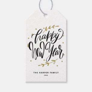 Black Happy New Year Modern Calligraphy Wreath Gift Tags