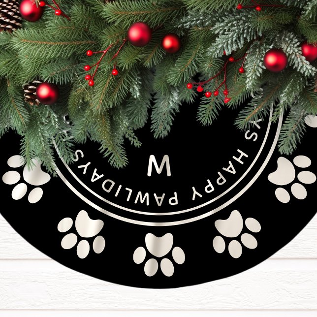 Black Happy Pawlidays Paw Print Pet Christmas Brushed Polyester Tree Skirt (Creator Uploaded)