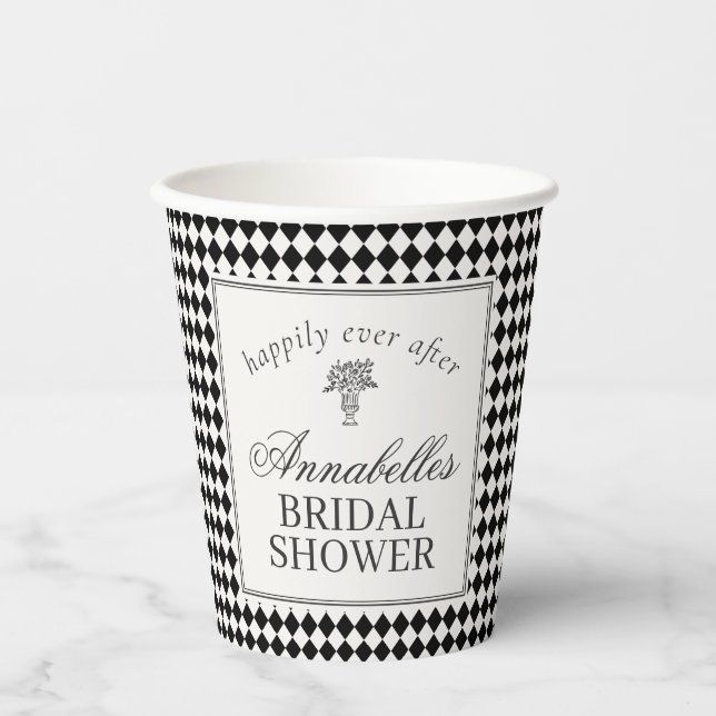 Black Harlequin Checkered Bridal Shower Paper Cups (Front)