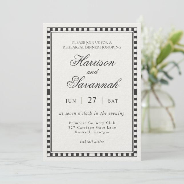 Black Harlequin Checkered Rehearsal Dinner Invitation (Standing Front)