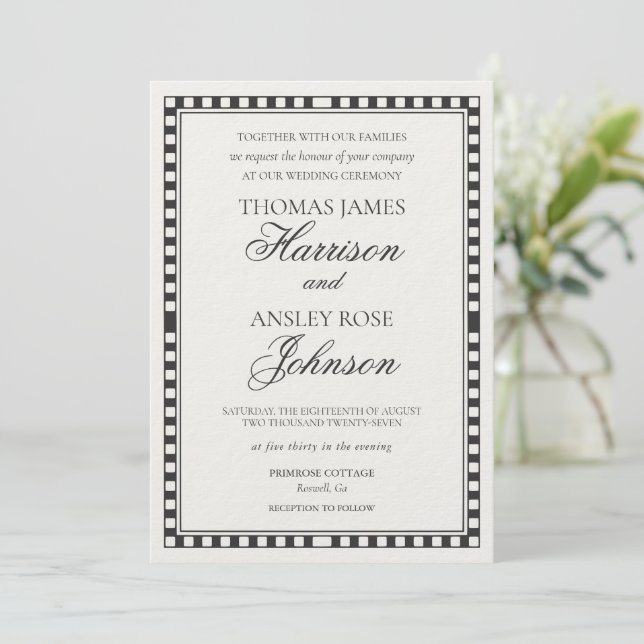Black Harlequin Chequered Wedding Invitation (Standing Front)
