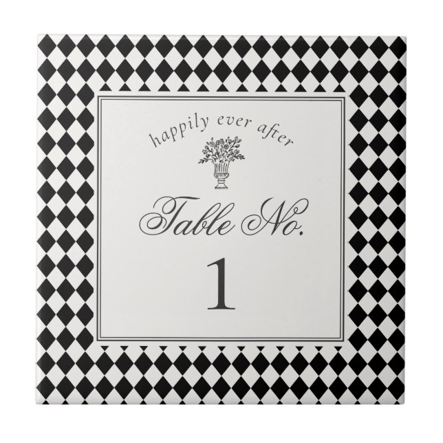 Black Harlequin Chequered Wedding Table Number Tile (Front)