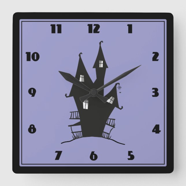 Black Haunted House on Purple Background Square Wall Clock (Front)