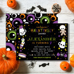Black Haunting Halloween Birthday  Invitation<br><div class="desc">Celebrate your scary birthday with this black and orange haunting Halloween birthday invitation. This design features a variety of Halloween characters,  colourful dots,  stars,  and moons on a black background on the front,  and colourful eyes on the reverse side.</div>