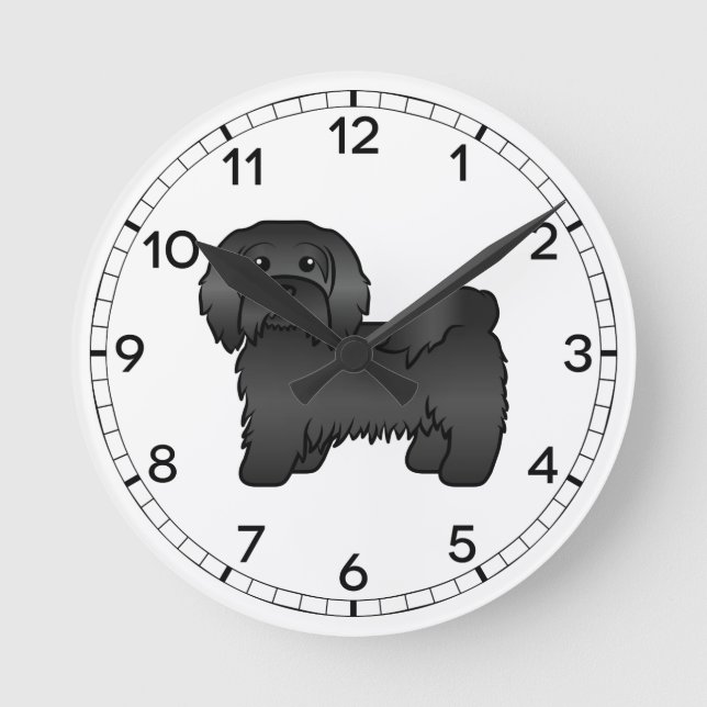 Black Havanese Cute Cartoon Dog Illustration Round Clock (Front)