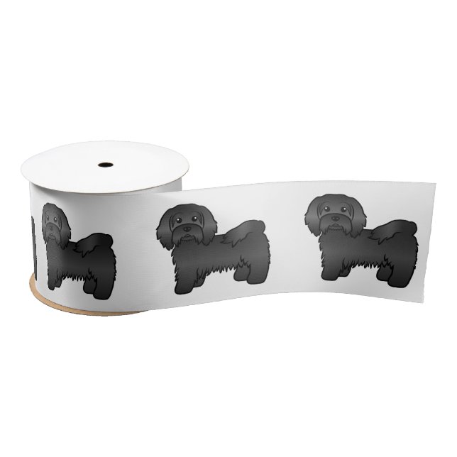 Black Havanese Cute Cartoon Dog Illustration Satin Ribbon (Spool)