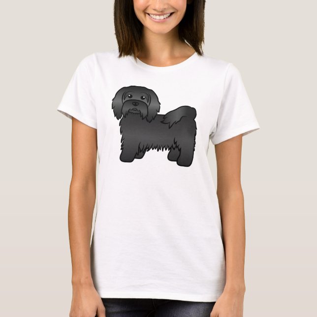 Black Havanese Cute Cartoon Dog Illustration T-Shirt (Front)