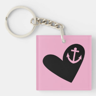 Black Heart Anchor Pink Square Acrylic Key Ring