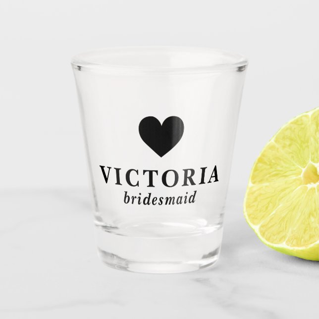 Black Heart Bridesmaid Personalised Wedding Shot Glass (Front)