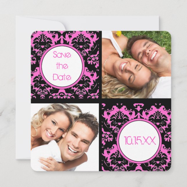 Black Heart Damask on Pink Wedding Save the Date (Front)