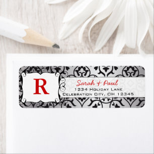 Black Heart Damask Red Font Return Address Label